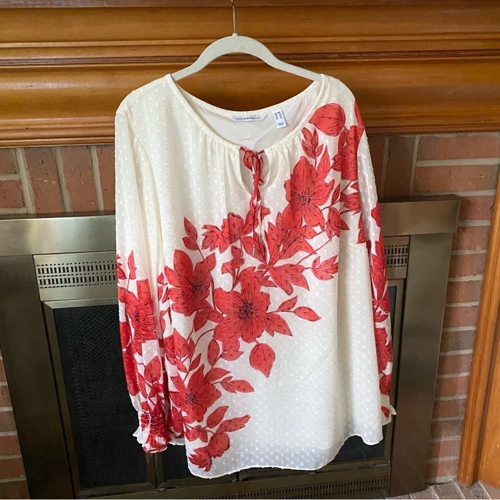 Isaac mizrahi live! Sz 24W floral Swiss dot beige red lined blouse top tie neck